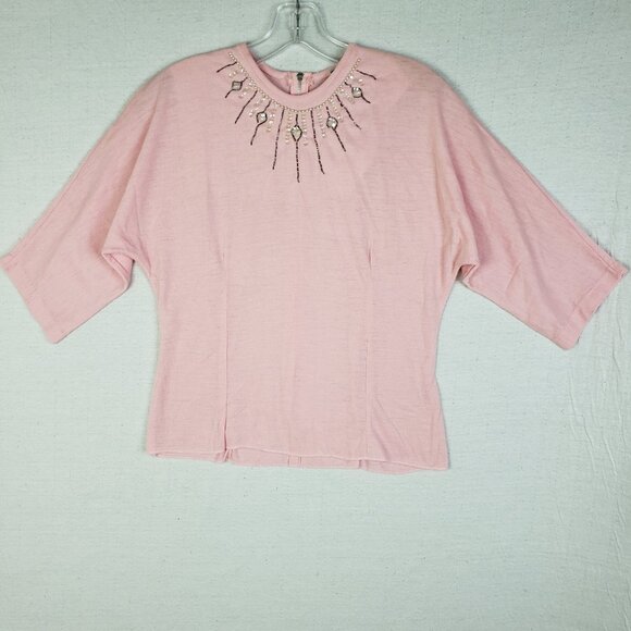 Vintage Union Label 60s 70s Knit Blouse Top Beaded Pastel Pink Half Sleeve M/L - Picture 1 of 11